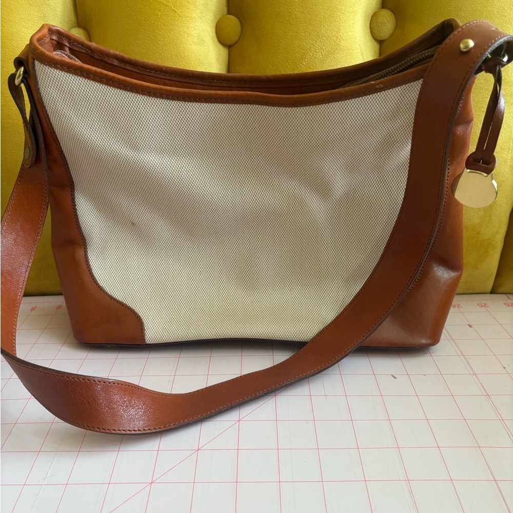 Brahmin shoulder bag. Cream canvas with brown leather.